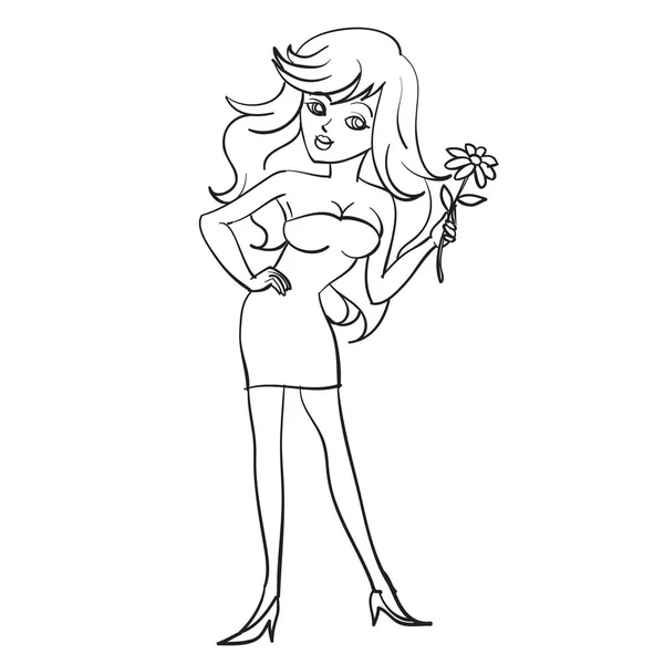 Meisje in een korte avond jurk staat met een bloem in haar handen, tekening in omtrek, geïsoleerd object op een witte achtergrond, — Stockvector