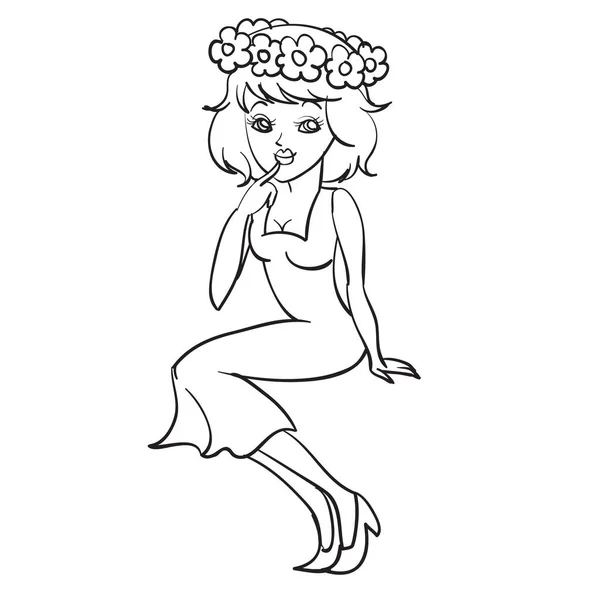 Słodkie kobieta w duży wieniec z różnych kwiatów, zarys rysunek, pojedynczy obiekt na białym tle, — Wektor stockowy