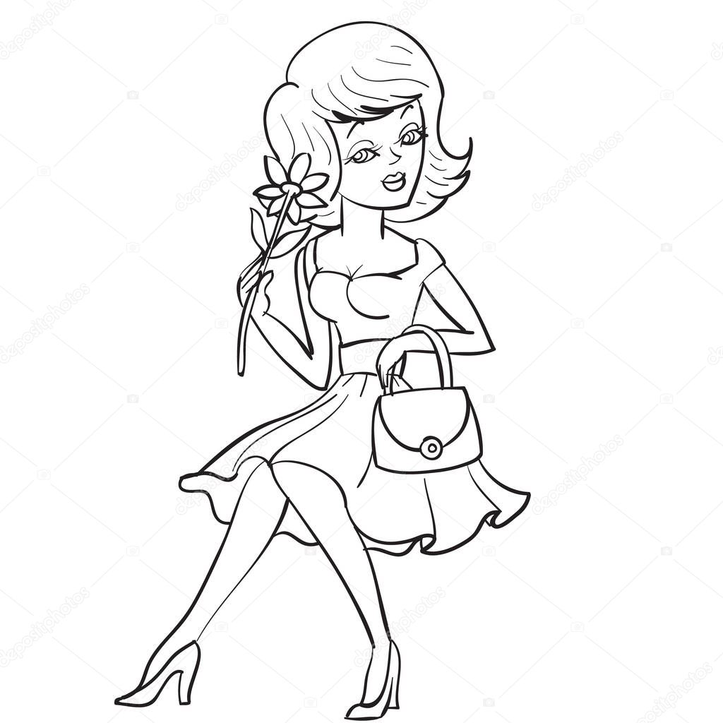 girl in a dress with a flower in her hands and with a handbag sits, drawing in outline, isolated object on fucking background,