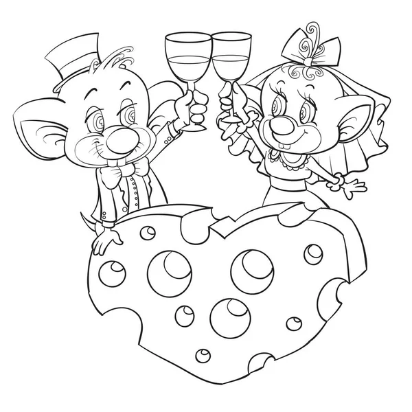 Dwóch myszy chłopiec i dziewczyna trzymać okulary w ich łapach i świętować wraz z dużym kawałkiem sera, wektor clip sztuki, odizolowany obiekt na białym tle, — Wektor stockowy