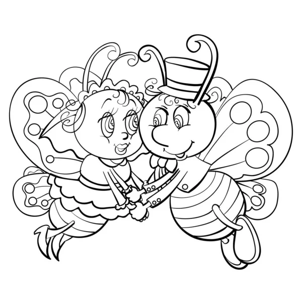 Due farfalle un ragazzo e una ragazza salgono in aria e si tengono per mano, amore, disegno di contorno, oggetto isolato su uno sfondo bianco , — Vettoriale Stock