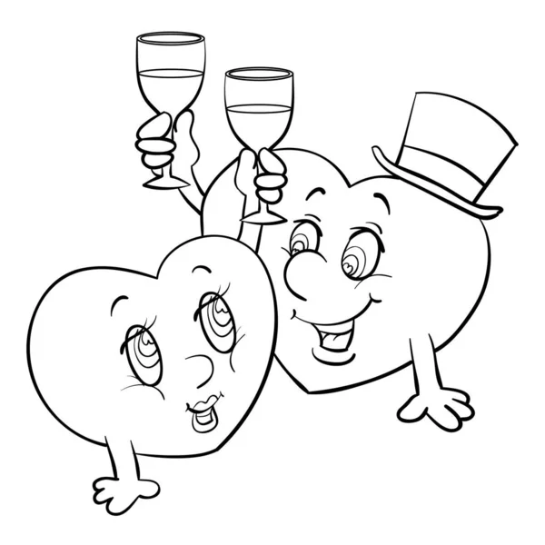 Dvě postavy ve tvaru srdce drží brýle v rukou a oslavují, muž a žena, obrys kresba, izolovaný objekt na bílém pozadí, vektorové ilustrace — Stockový vektor