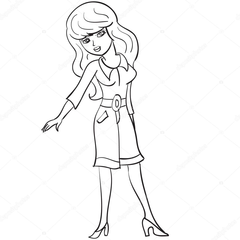 girl with long hair and in long shorts stands with her hand to the side, drawing in outline, isolated object on a white background,