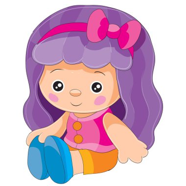 Oyuncak bebek oturur ve birisinin onunla oynamasını bekler. Beyaz arka planda izole edilmiş bir nesne.,