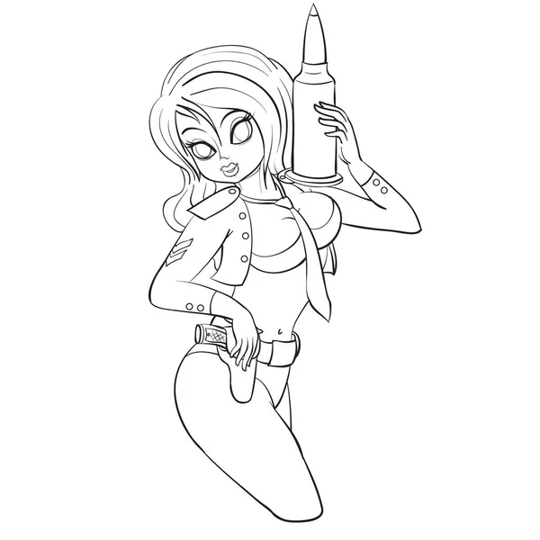 Mujer sexy sosteniendo rifle de asalto y pistola, esquema de dibujo , — Vector de stock
