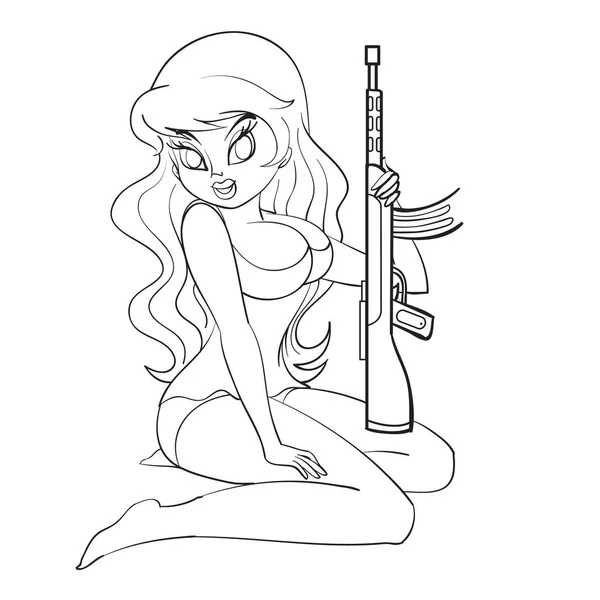 Sexy woman holding assault rifle and pistol, outline drawing, — Stock Vector