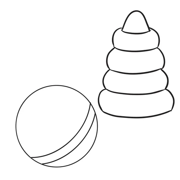 Ball- und Pyramidenspielzeug für Kinder, Umrisszeichnung, getrennte Ebenen, isoliertes Objekt auf weißem Hintergrund, — Stockvektor