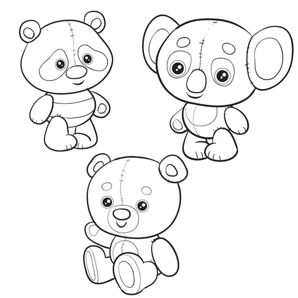 Zestaw zabawek z trzech różnych niedźwiedzi dla dzieci, rysunek zarysu, oddzielne warstwy, odizolowany obiekt na białym tle, — Wektor stockowy