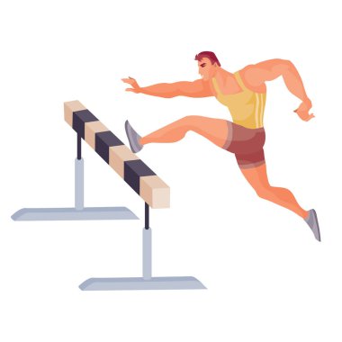 Erkek sporcu koşuda engellerle yarışıyor ve envanterden atlıyor, beyaz arka planda izole bir nesne.,