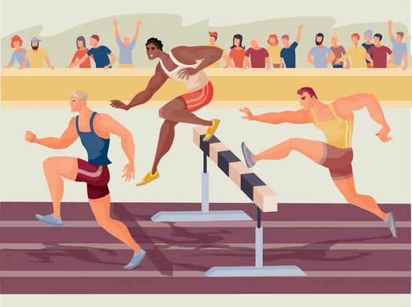 At a large stadium, three athletes compete in running with obstacles and are worried about them in the stands and are supported by their friends and just people, — Stock Vector