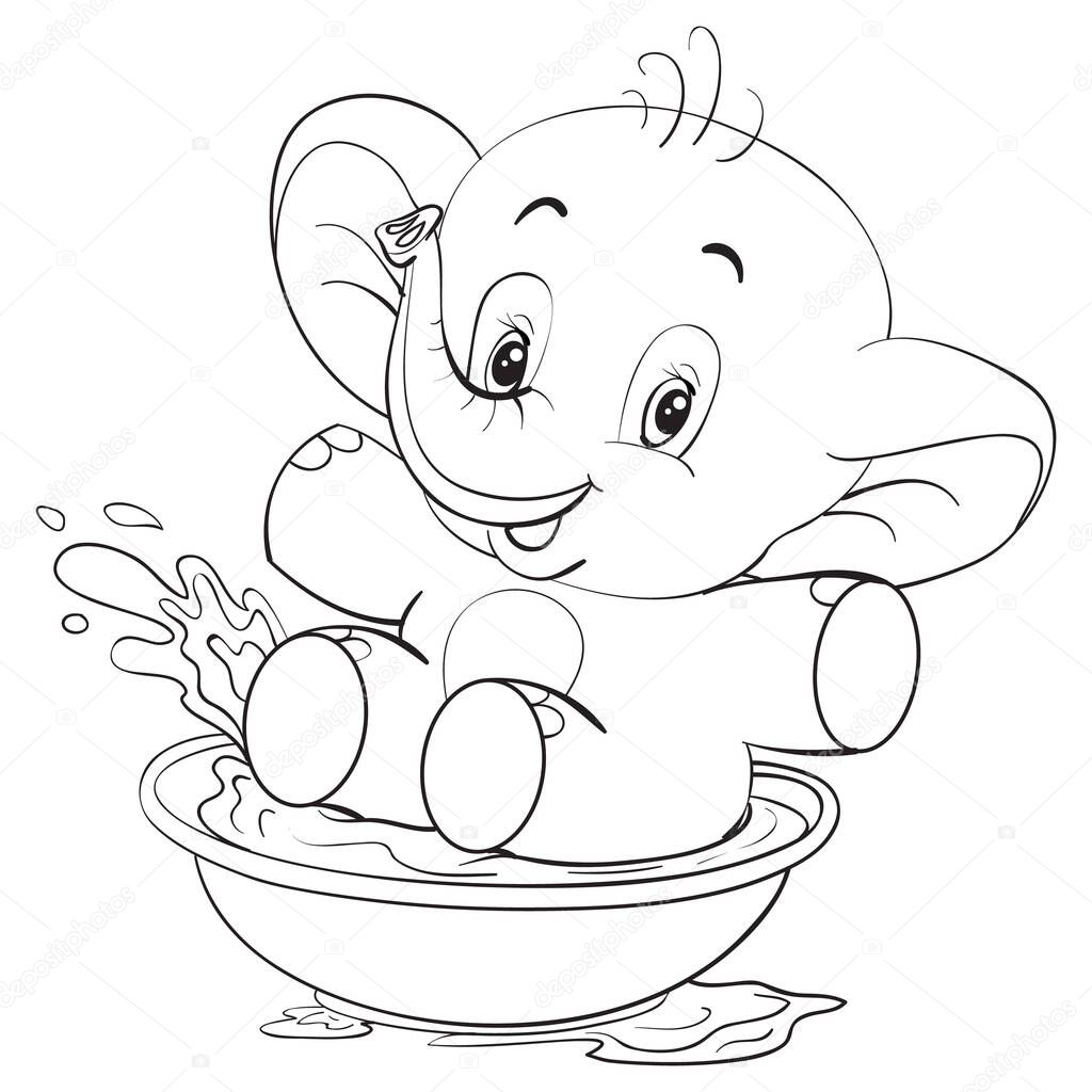 little elephant splashing in a large basin with water and rejoices, outline drawing, isolated object on a white background,
