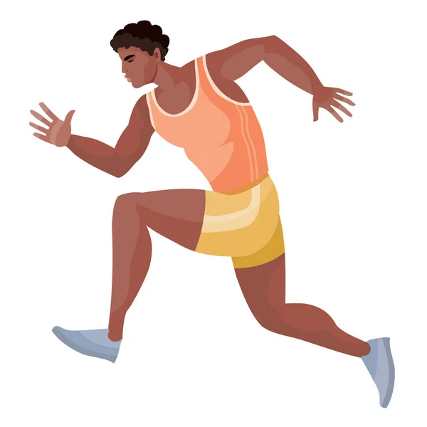 Atleta masculino afroamericano en una camiseta amarilla y pantalones cortos de color naranja corre rápidamente y trata de ganar la competencia, objeto aislado sobre un fondo blanco, ilustración vectorial — Archivo Imágenes Vectoriales
