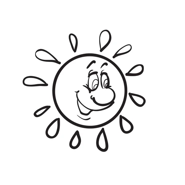Emotional sun character is drawn in outline, isolated object on white background, — Stock Vector