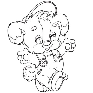 Tulum ve şapka giymiş köpek yavrusu, neşeli bir şekilde yürüyor, çocuk, taslak çizimi, beyaz arka planda izole edilmiş nesne.,