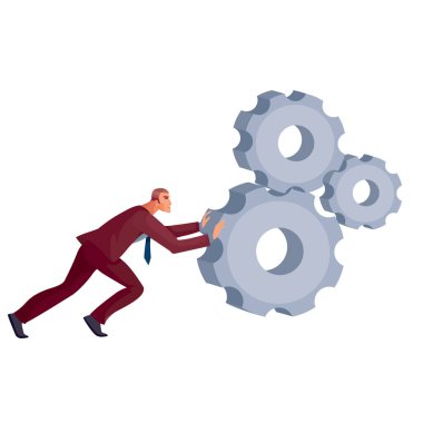 Kırmızı elbiseli iş adamı dişliyi tüm gücüyle ileri itiyor ve beyaz arka plandaki üç dişliyi de hareket ettirmek için elinden geleni yapıyor.,