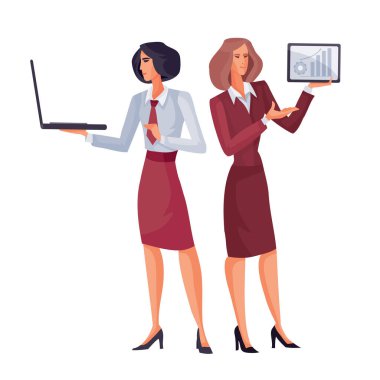 Ellerinde dizüstü bilgisayarları olan iki iş kadını zor bir sorunu başarıyla çözdüler. Beyaz arka planda izole edilmiş bir nesne.,