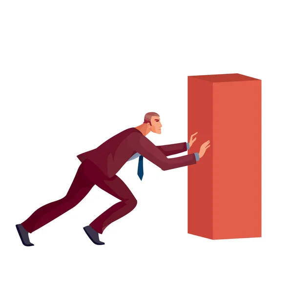 Empresário em um terno vermelho empurra para a frente um pilar vermelho em direção ao objetivo, objeto isolado em um fundo branco , — Vetor de Stock