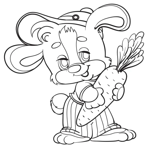 Roztomilý veselý zajíc ve velké čepici drží v tlapách velkou mrkev, izolovaný objekt na bílém pozadí, obrysová kresba, — Stockový vektor