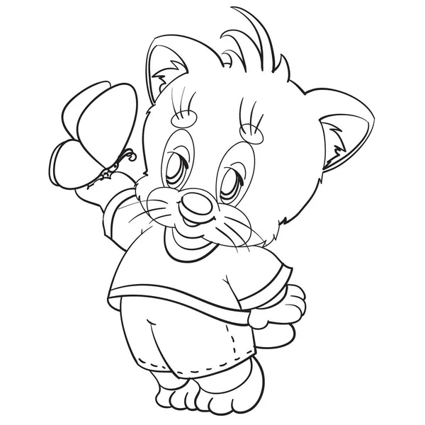 Lindo gatito en pantalones y una camiseta sostiene una mariposa en su pata, dibujo de contorno, objeto aislado sobre un fondo blanco , — Vector de stock