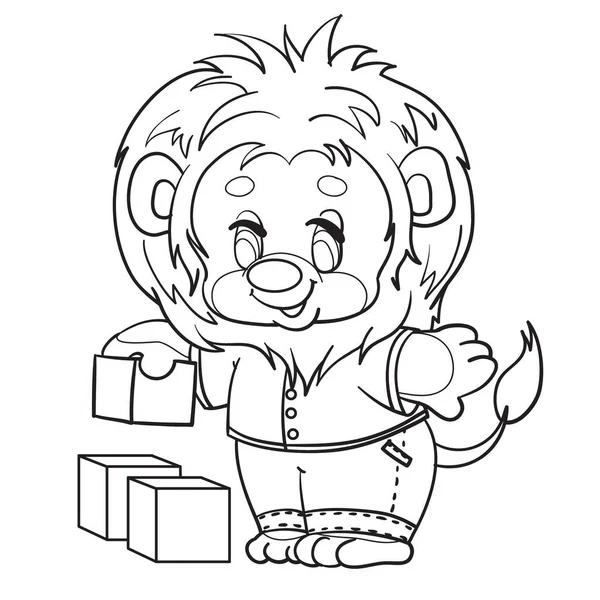 Petit lionceau habillé de vêtements joue avec des cubes, dessin de contour, objet isolé sur fond blanc , — Image vectorielle