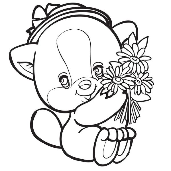 Lindo gatito se sienta en un sombrero y abraza un gran ramo de flores, dibujo en el contorno, objeto aislado sobre un fondo blanco , — Vector de stock