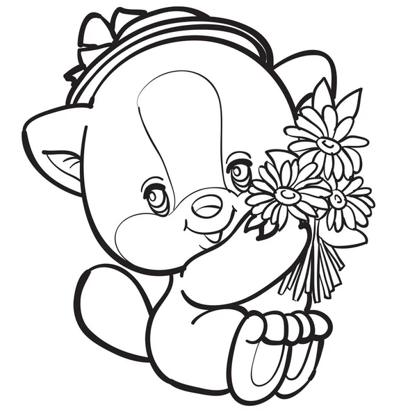 Gatinho bonito senta-se em um chapéu e abraça um grande buquê de flores, desenho em contorno, objeto isolado em um fundo branco , — Vetor de Stock