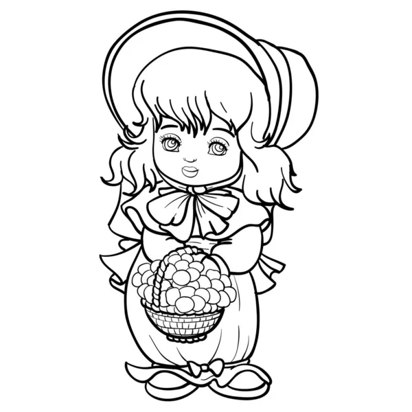 Bambina con un cappello e un vestito lungo con un cesto di fiori in mano, un disegno è fatto nel contorno, un oggetto isolato su uno sfondo bianco , — Vettoriale Stock