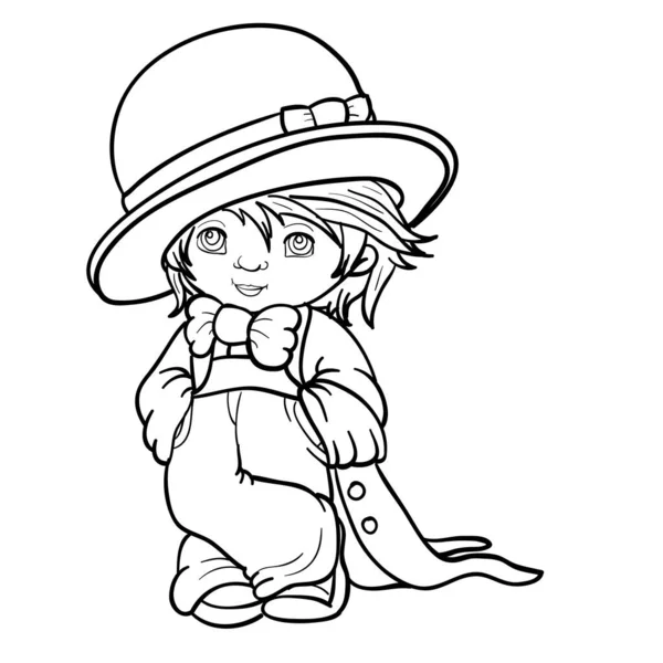 Elegante bambino con un grande cappello e un lungo cappotto, gentiluomo, disegno di contorno, immagine su sfondo bianco , — Vettoriale Stock