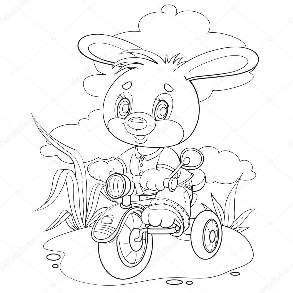 little bunny character rides a tricycle on a country road, drawing in a claw, isolated object on a white background,