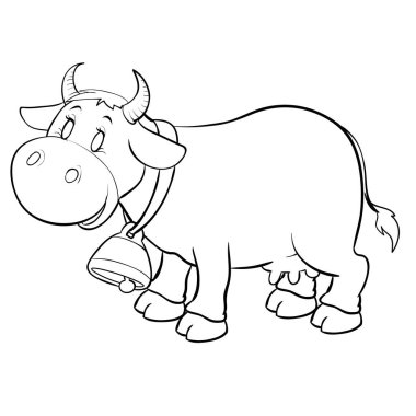 Boyama, taslak çizim, beyaz arka planda izole edilmiş nesne için boynunda büyük bir çan olan inek.,