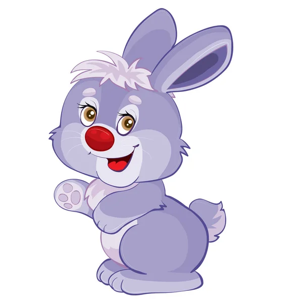 Roztomilý zajíc postava ve fialové s červeným nosem, izolovaný objekt na bílém pozadí, — Stockový vektor