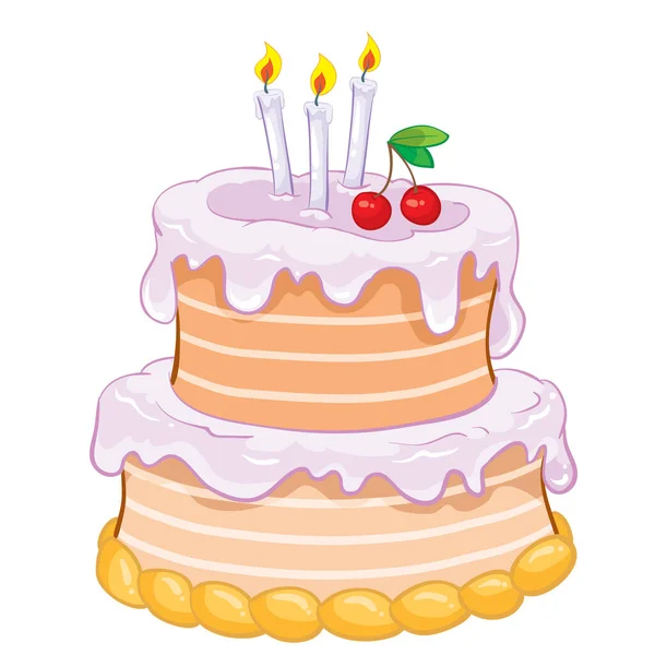 Two tier holiday cake with three candles decorated with cherries for the holiday and birthday, isolated object on a white background, — Stock Vector