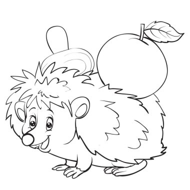 cartoon style hedgehog with an apple on the back is drawn in outline, isolated object on a white background, vector illustration,
