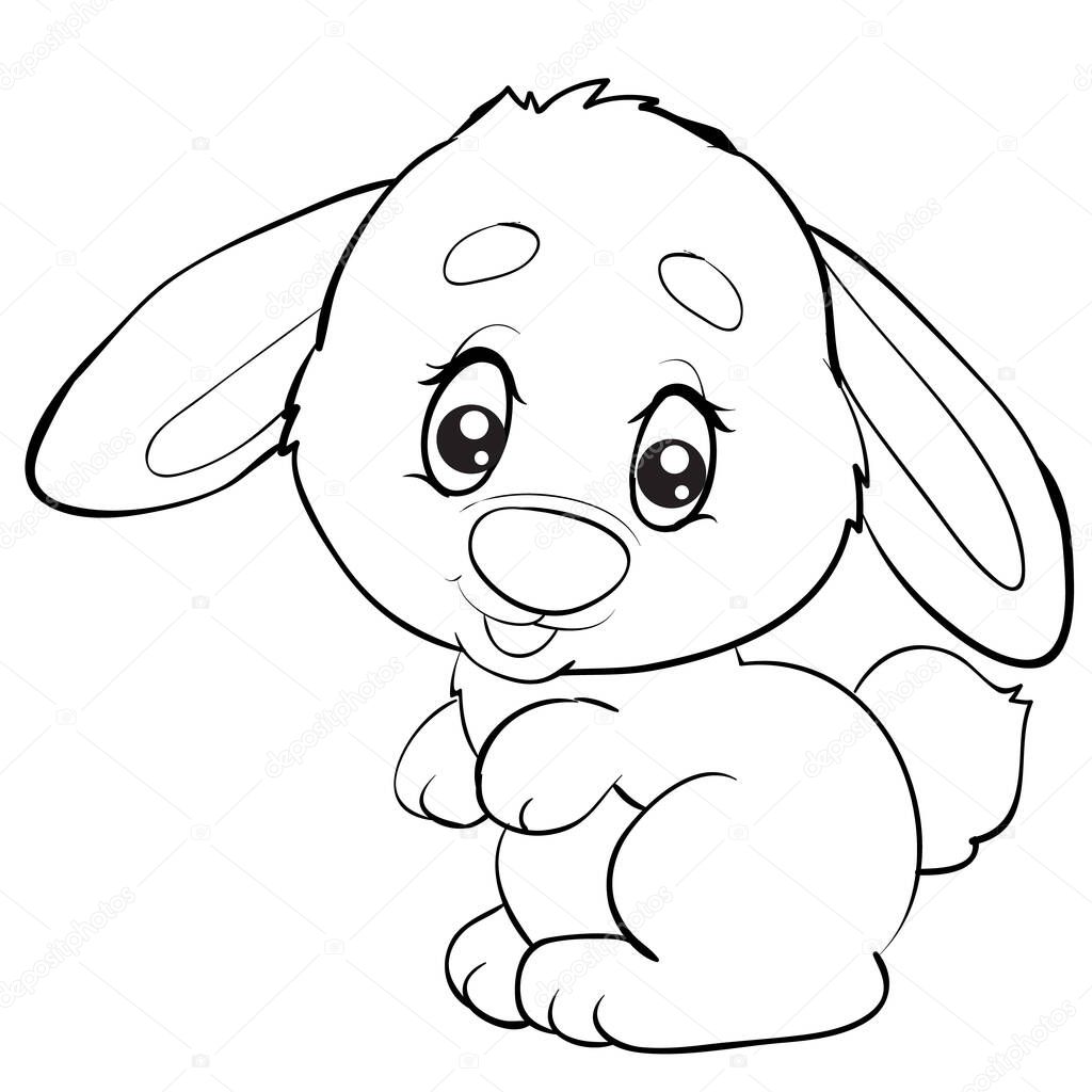cartoon style little rabbit with big eyes is drawn in outline, isolated object on a white background, vector illustration,