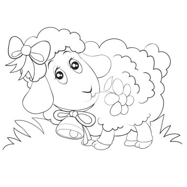 cartoon style little sheep with a bow on his head drawn in outline, isolated object on a white background, vector illustration,