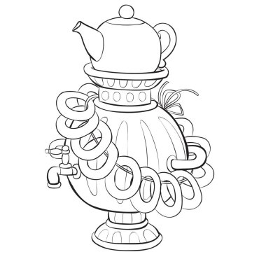 Samovar with a teapot and bagels in the Russian tradition is ready for tea drinking drawn in outline, isolated object on a white background, vector illustration, eps