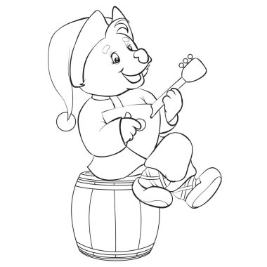 bear in a cap plays a balayka and sits on a barrel drawn in outline, isolated object on a white background, vector illustration,