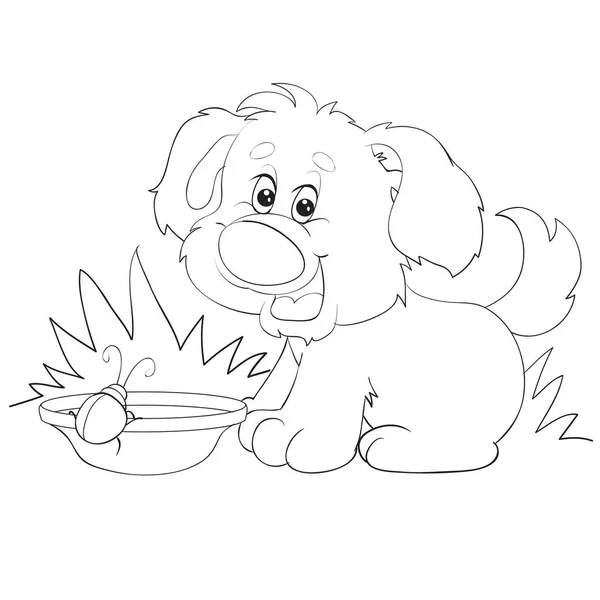 Cartoon style little puppy stands in front of his bowl on which the insect sits, is drawn in outline, isolated object on a white background, vector illustration, — Διανυσματικό Αρχείο