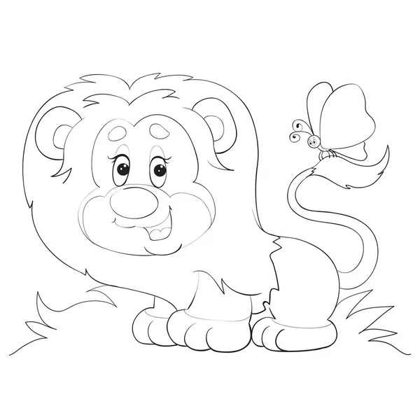 Cartoon style little lion cub with a butterfly on its tail drawn in outline, isolated object on a white background, vector illustration, — Stock Vector