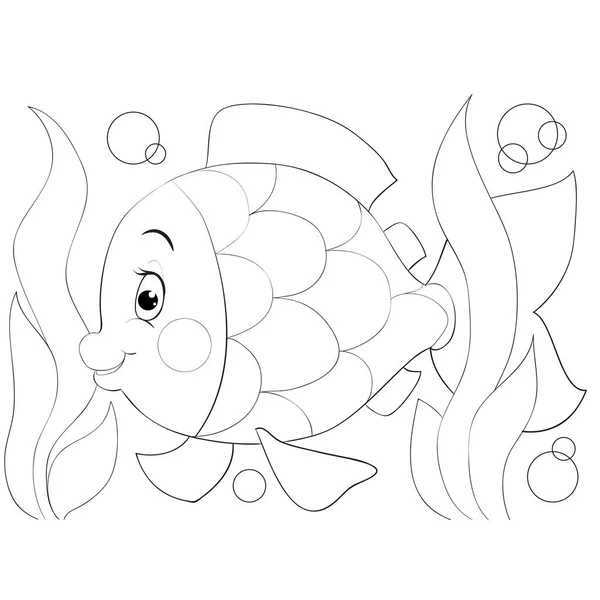 Dessin animé petit poisson nage dans la mer parmi les algues dessinées en contour, objet isolé sur fond blanc, illustration vectorielle , — Image vectorielle