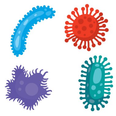 Farklı türde virüsler. Bakteri Biyolojisi Organizmaları. Virüs enfeksiyonu Ebola Salgını. Tıbbi Genetik Bakteriyolojik Mikroorganizma. Düz Vektör İllüstrasyonu,