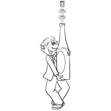 Adam elinde büyük bir şişe şampanya, karikatür, beyaz arka planda izole edilmiş bir nesne ana hatlı çizim, beyaz arka planda izole edilmiş bir nesne, vektör çizimi.,