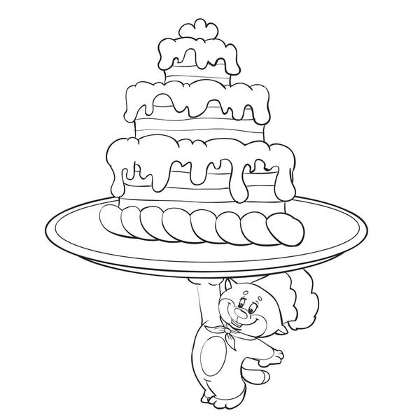 Mały kotek w czapce trzyma na jednej łapie duży tort na tacy na wakacje, silny kucharz, szkic w zarysie, odizolowany obiekt na białym tle, ilustracja wektor, eps — Wektor stockowy