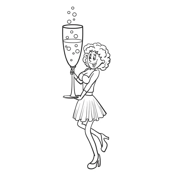 Kobieta trzyma w rękach dużą szklankę szampana, karykaturę, rysunek konturu, odosobniony obiekt na białym tle, ilustracja wektora, — Wektor stockowy