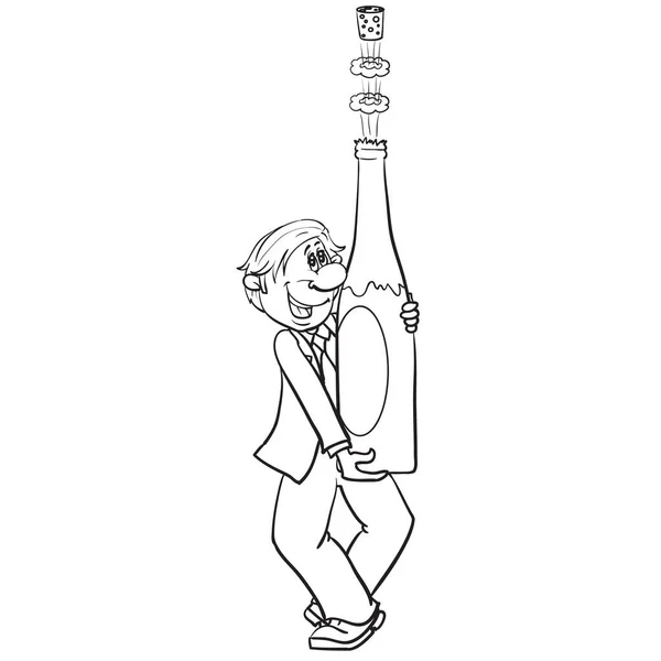 Mann hält eine große geöffnete Flasche Champagner in der Hand, Karikatur, isoliertes Objekt auf weißem Hintergrund, Umrisszeichnung, isoliertes Objekt auf weißem Hintergrund, Vektorillustration, — Stockvektor