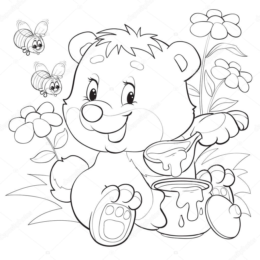 cute bear sits among flowers and eats honey with a big spoon from a large barrel, bees fly to it, outline drawing, isolated object on a white background, vector illustration,