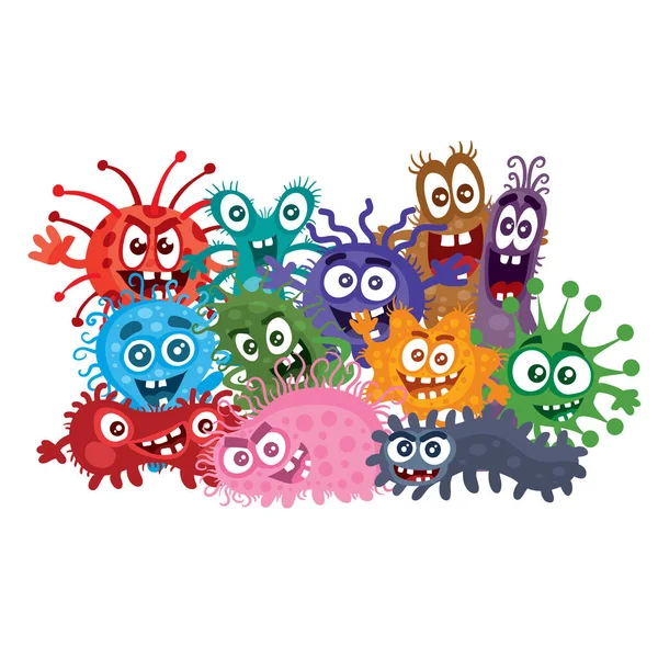 Foto di gruppo di virus colorati o batteri in stile cartone animato, illustrazione vettoriale, eps — Vettoriale Stock