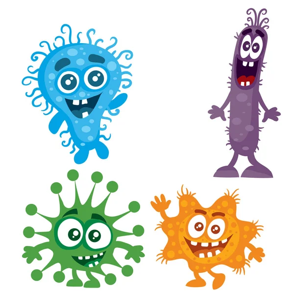 Uppsättning av blå, violetta, gröna och orange bakterier eller virus, tecknad stil, isolerade objekt på vit bakgrund, vektor illustration, eps — Stock vektor