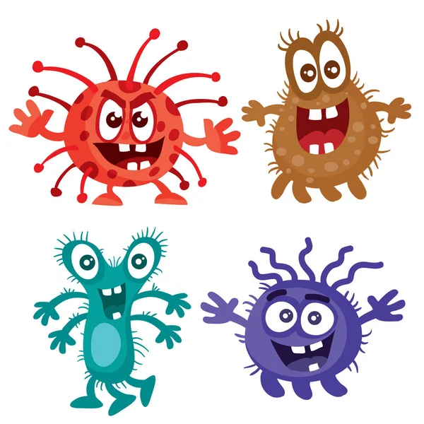 Conjunto de bacterias o virus rojos, marrones, turquesas y azules, estilo de dibujos animados, objeto aislado sobre fondo blanco, ilustración vectorial, eps — Vector de stock