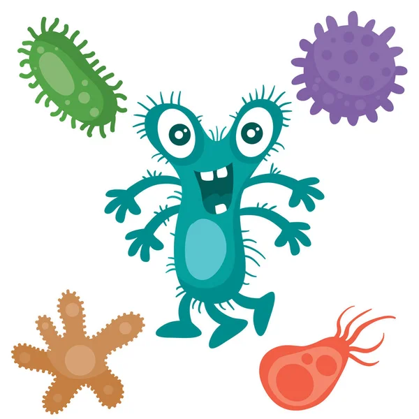 Virus turquesa rodeado de coloridas bacterias, estilo de dibujos animados, objeto aislado sobre fondo blanco, ilustración vectorial, eps — Vector de stock